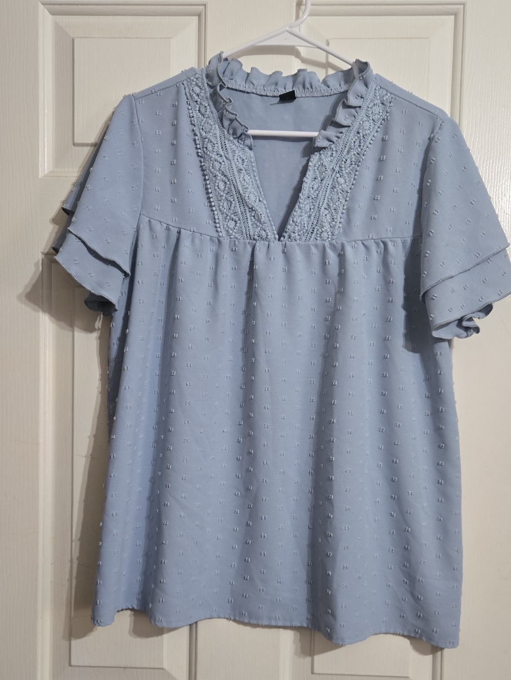Leasty Light Blue Ruffle Neck Blouse